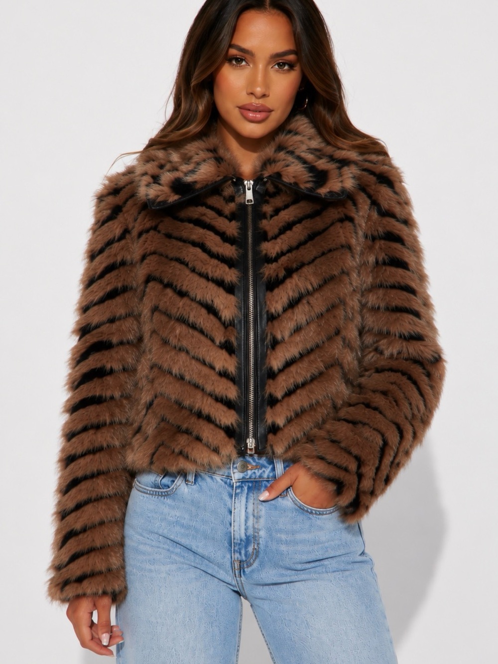 Fashion Nova Brown & Black Striped Faux Fur Zip Jacket